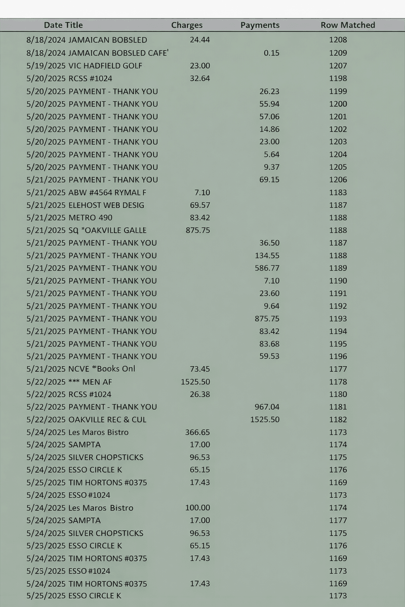 Structured transaction matching view showing organized financial data mid-transformation